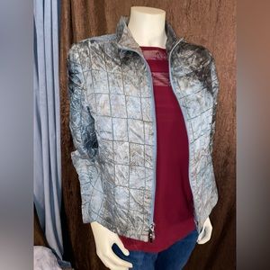 Patchington petite quilted jacket, grey, blue & blk distressed look, size S, EUC